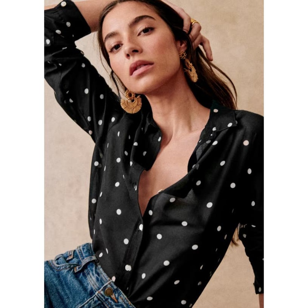 Sézane Pierro Shirt in Black Polka Dots Size 34/US 2 Button Front Collar Classic